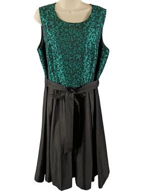 R&K Teal Patterned Bodice with Black Skirt Midi Dress